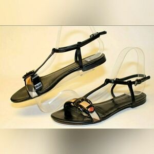Burberry Womens Size 7 37 Black Patent Leather Buckle Sandals Italy Made Shoes